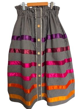 Women’s Houndstooth Indigenous ribbon  Skirt with Colorful Satin Stripes